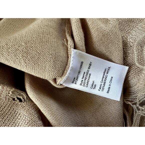 R13 Distressed Baby Cropped 100% Merino Wool Cardigan In Tan New Size XS - Picture 7 of 9